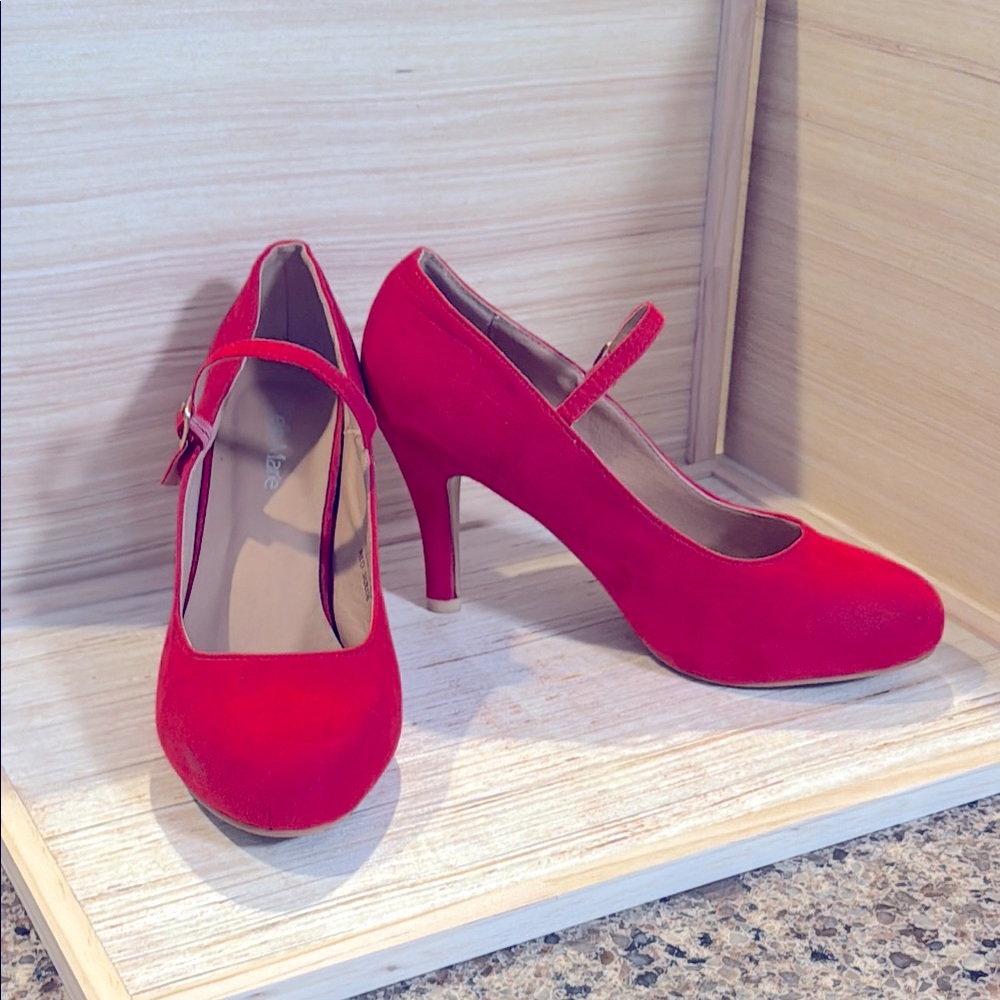 Suede Red Mary Jane Heels - Picture 1 of 15